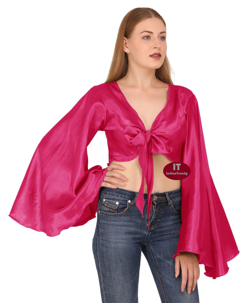 Indian Trendy Women's Satin Flair Wrap Tie Top Choli Blouse Belly Dance Gypsy - O - Deep Pink - Image 1